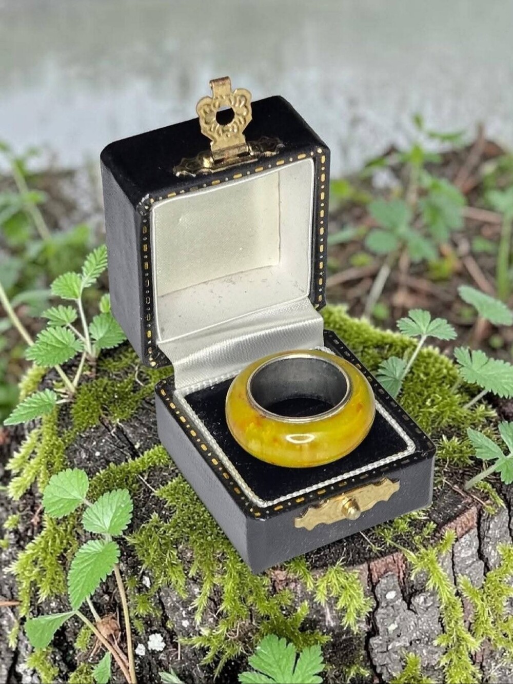 1940s Marbled Chartreuse Bakelite Dome Ring (Size 5)
